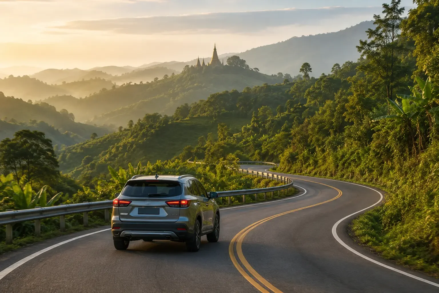 A car on a scenic mountain road during a road trip in Thailand