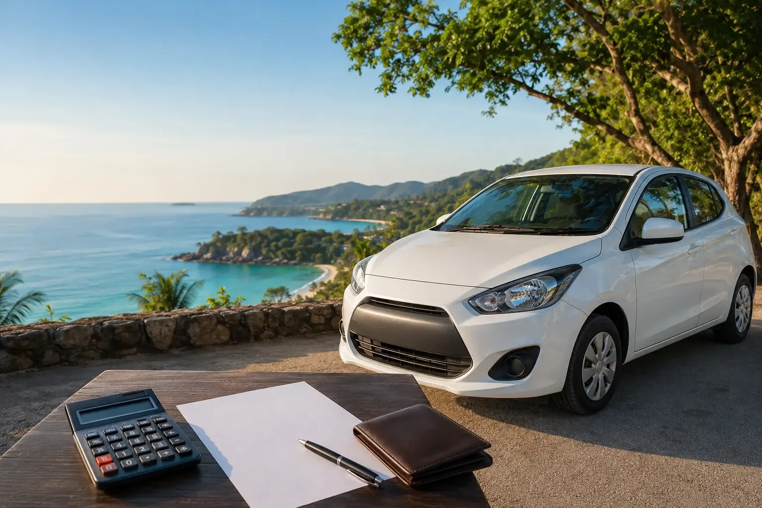 Compact rental car parked on a coastal road in Phuket with trip-planning items