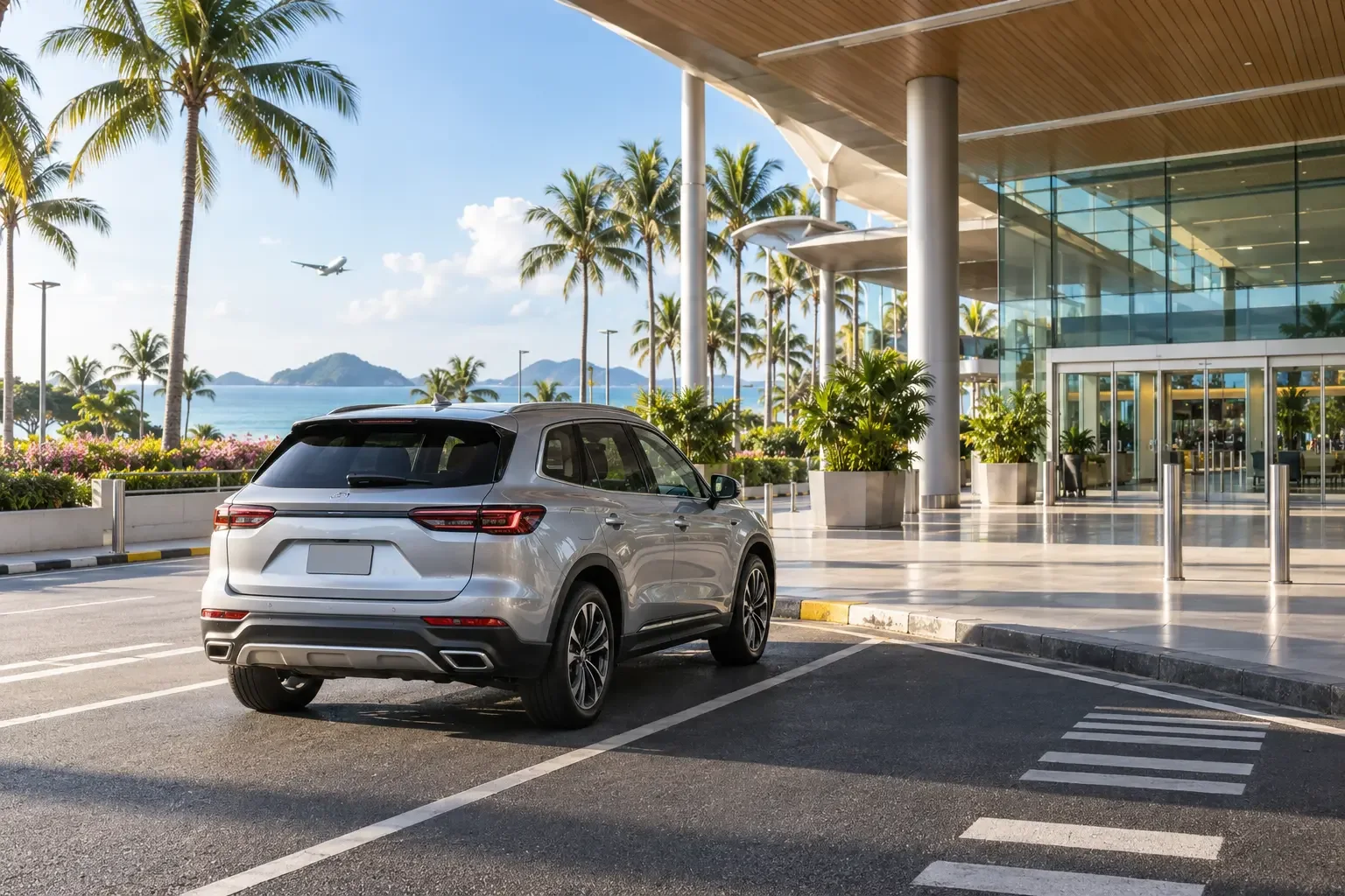 Modern silver SUV waiting outside Phuket airport arrivals among tropical palms