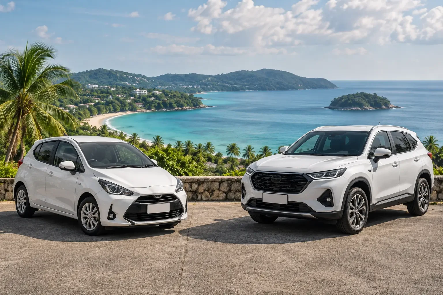 Stylish white SUV and compact car overlooking a sunny Phuket beach lined with palms