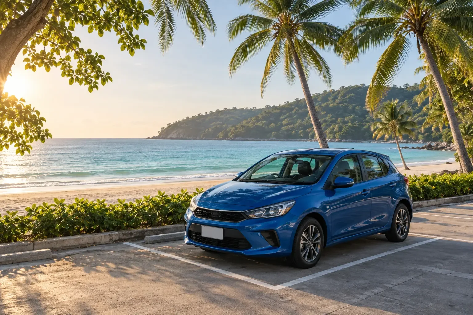 Blue compact car in a marked parking bay beside a Phuket beach with palms and white sand