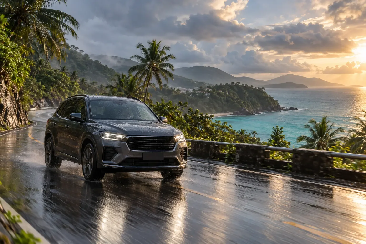 Dark SUV driving slowly on a wet Phuket coastal road after tropical rain with palms and sea mist