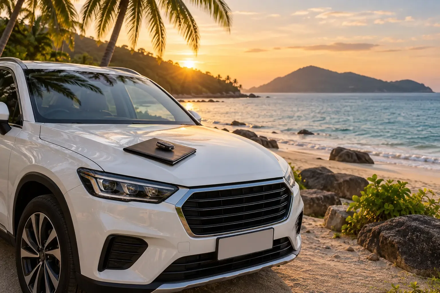 Premium white SUV with car keys on the bonnet beside a tropical Phuket beach at golden hour