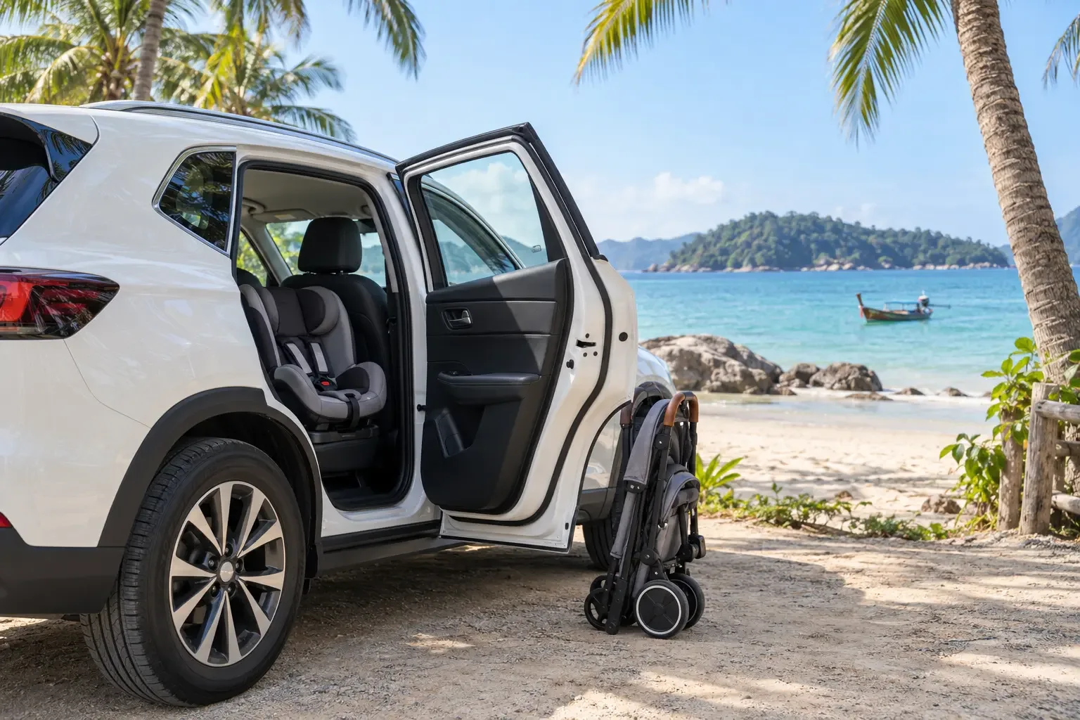 Family SUV with a visible child seat parked beside a calm Phuket beach and coconut palms