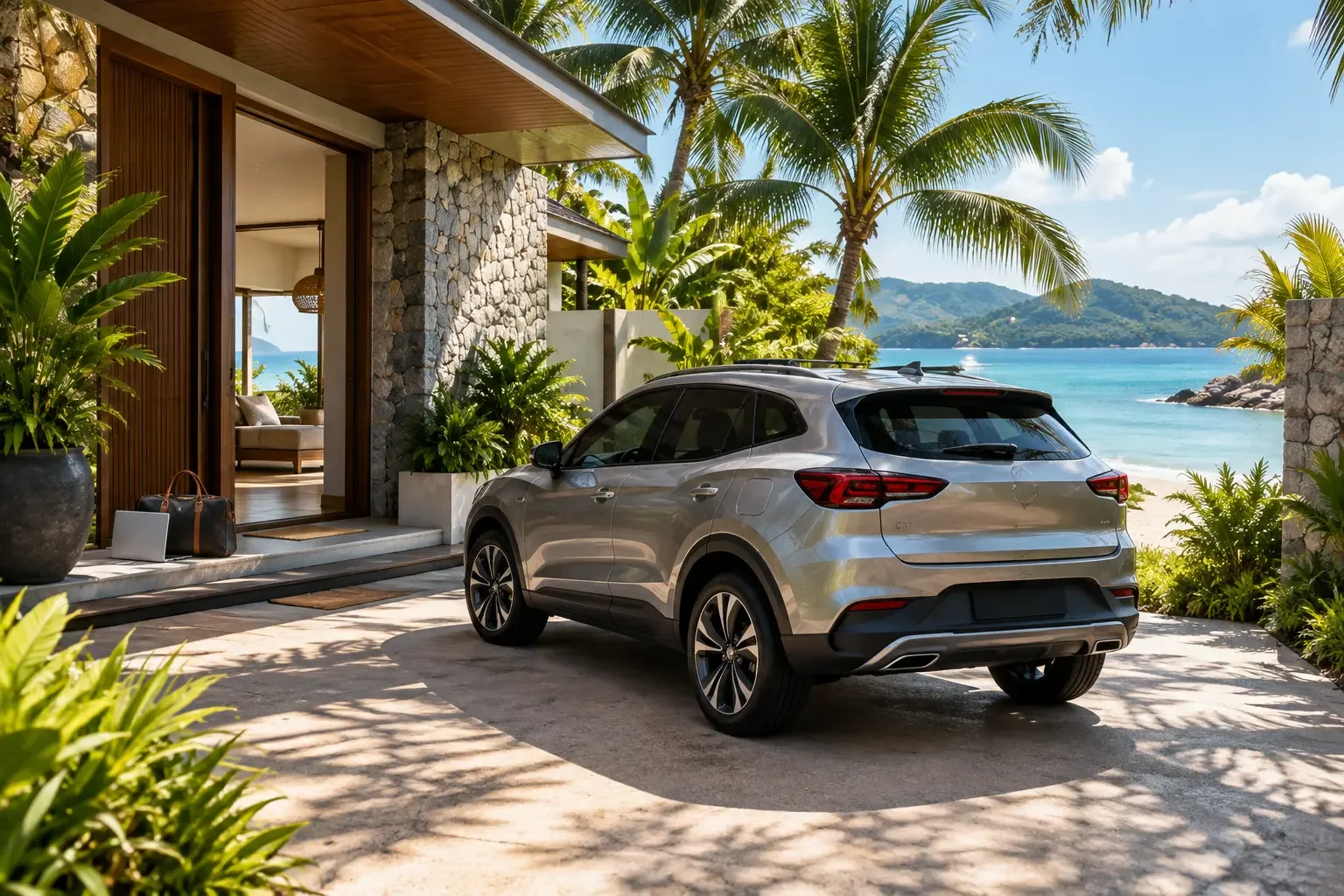 Elegant silver crossover at a tropical Phuket beach villa with palms and blue sea