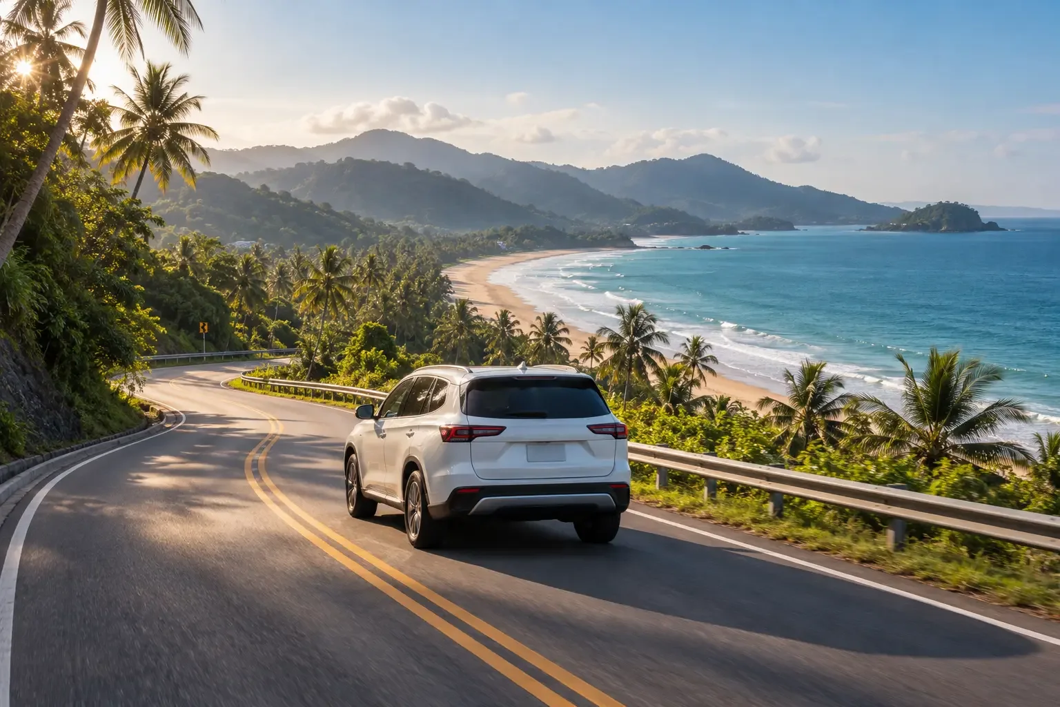 White SUV on a lush coastal road between Phuket and Khao Lak with sea and palms