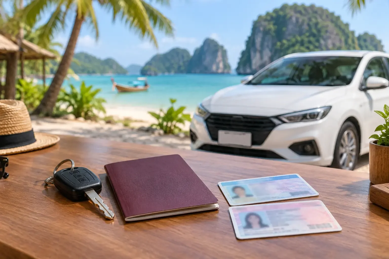 Car keys beside an unbranded passport and driving documents with a white car, palms and Thai coast behind