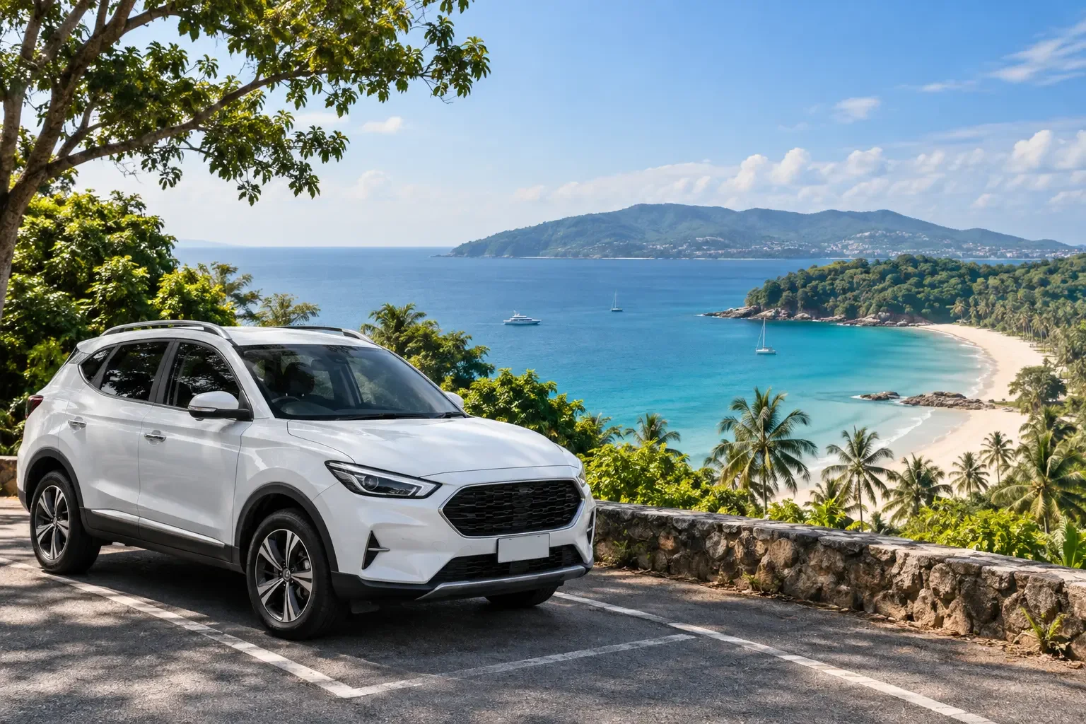 White compact SUV parked beside a Phuket beach road with palms and turquoise sea
