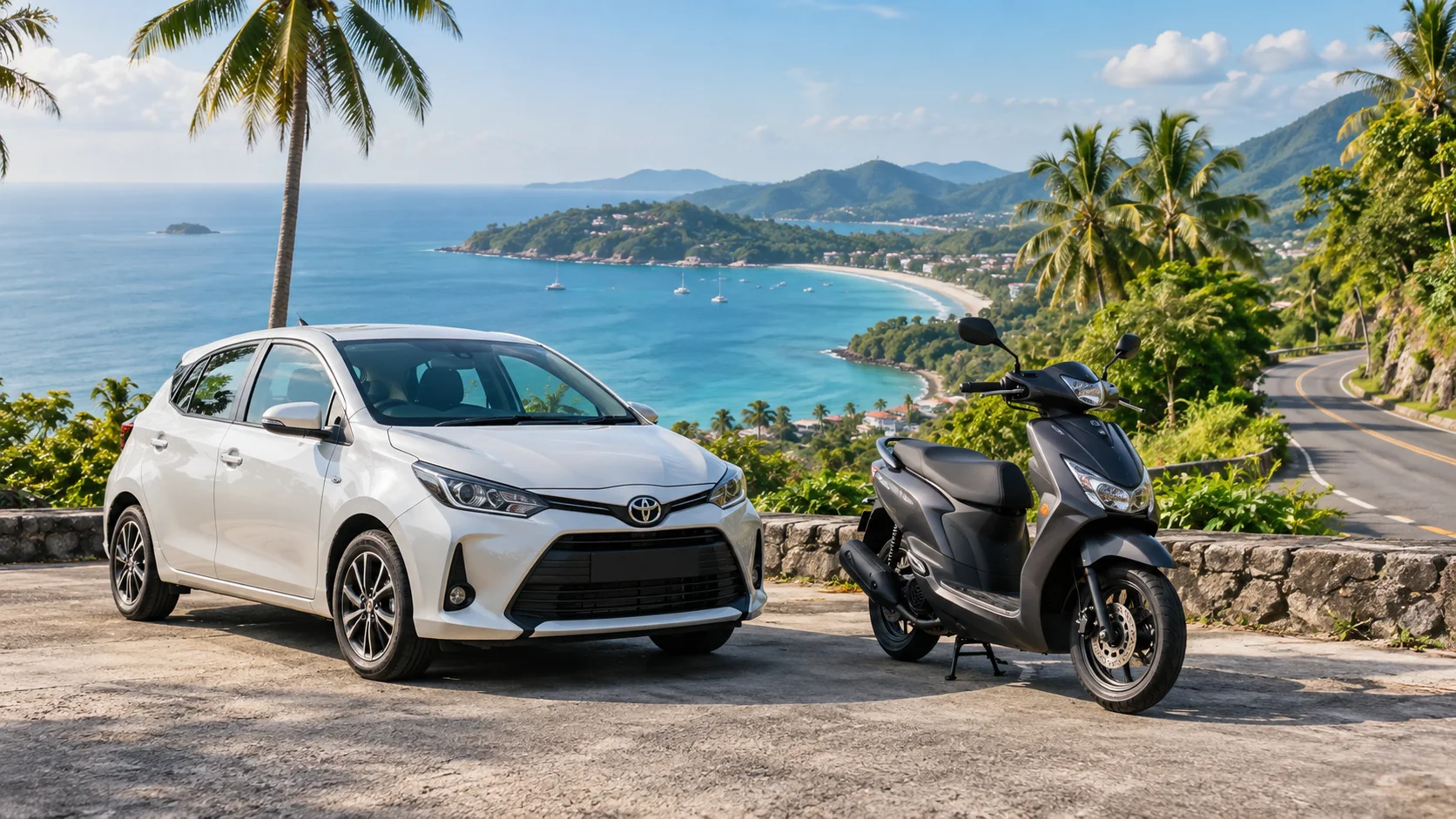 Rental car and scooter overlooking the tropical coast of Phuket