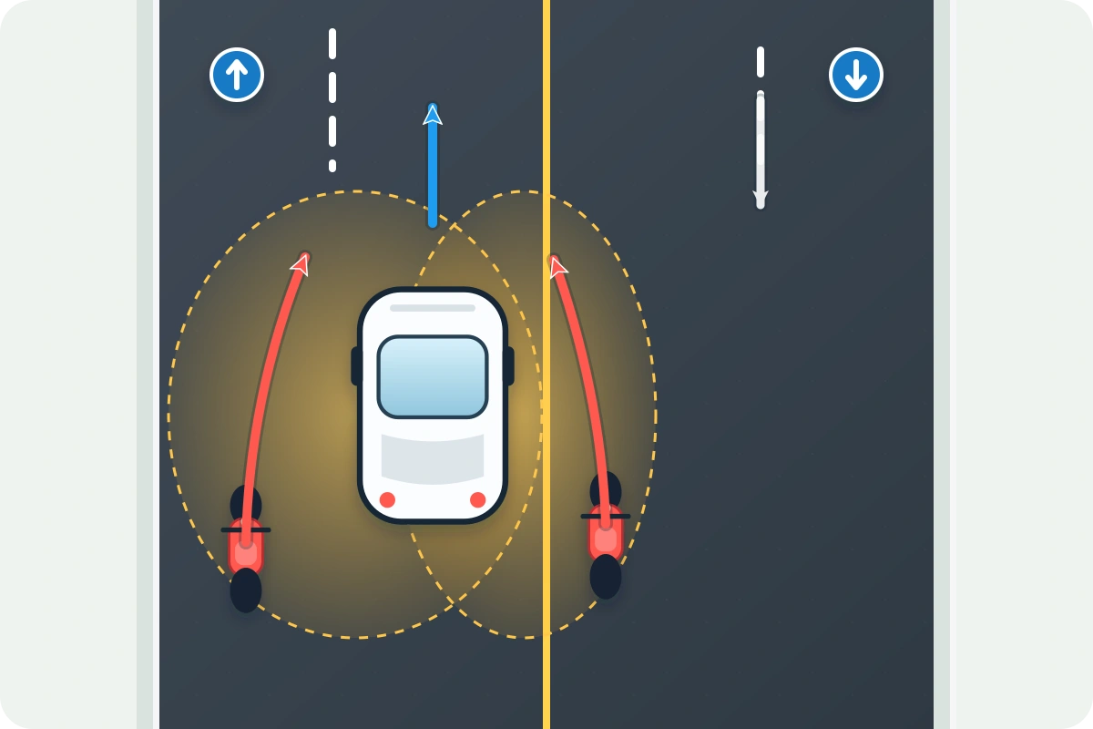 Scooters passing on both sides of a rental car on a road in Thailand